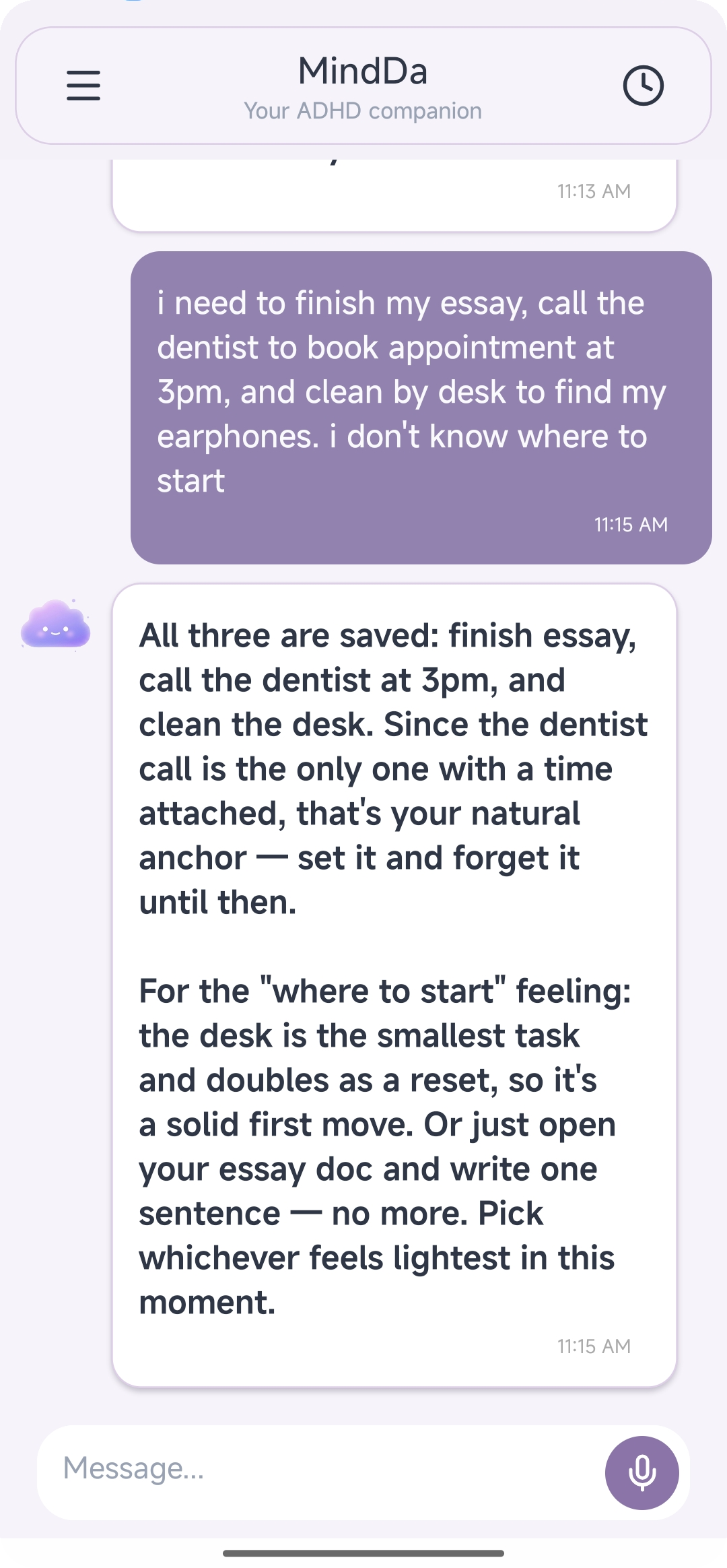 MindDa chat turning one messy thought into multiple tasks